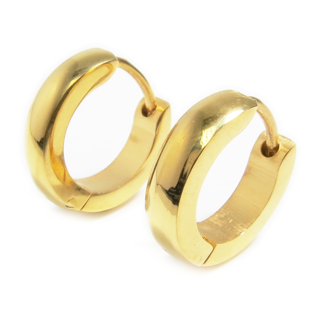 Pair Stainless Steel Gold Color Round Face Hoop Earrings - Earrings