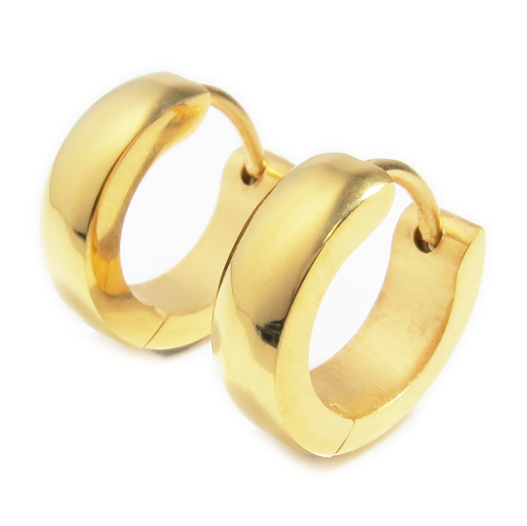 Pair Stainless Steel Gold Color Round Face Hoop Earrings - Earrings
