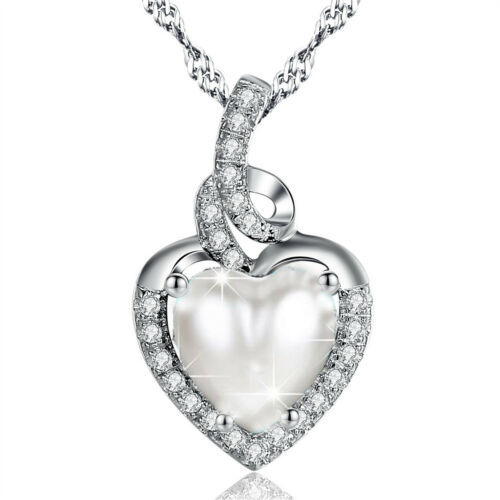 Heart Cut .925 Sterling Silver Pearl Birthstone Pendant Necklace 18 Chain