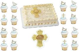 Religious First Communion Cross Spiritual Gold Cake Topper Set Cupcake 2... - $19.75