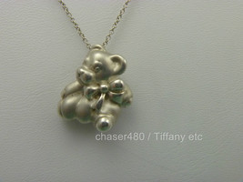 Tiffany & Co Teddy Bear & Bow Ribbon Pendant Chain Necklace Sterling Silver RARE - $222.74