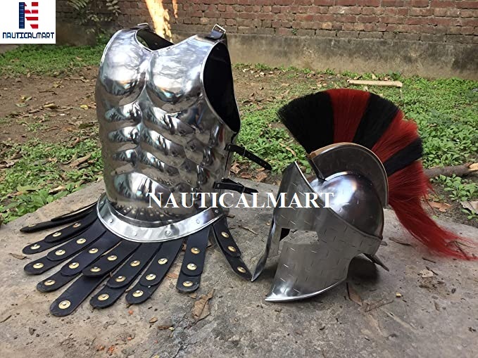 Medieval Silver Roman Muscle Armor 300 Spartan Armor Helmet W/Plume Halloween Co