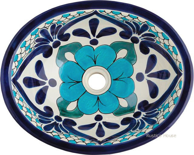 Mexican Oval Bathroom Sink "Turquoise Flower" Sinks