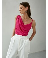 Fuchsia pink elegant silky satin asymmetrical straps summer women top bl... - $34.00