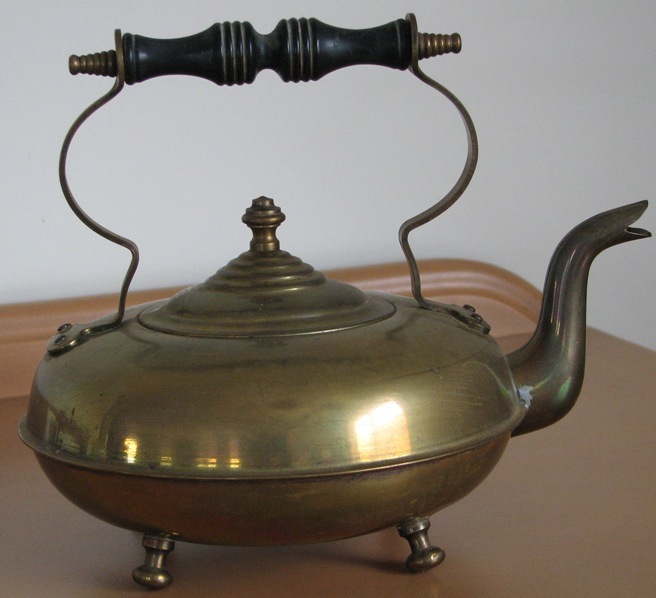 Brass Footed Tea Kettle Black Wooden Handle Gooseneck Spout Vintage
