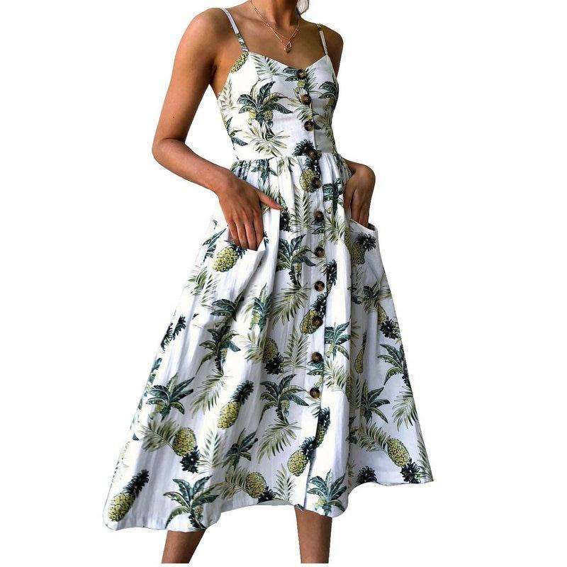 Summer Women Dress 2019 Vintage Sexy Bohemian Floral Tunic Beach Sundress Pocket