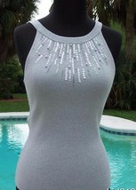Cache Pearl Bead Encrusted Metallic Silver Top S/M/L Open Back Stretch $88 NWT - $35.20