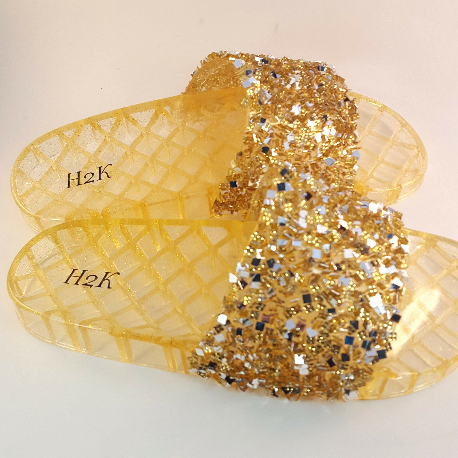 Primary image for H2K CANDY Gold Color Glitter Beads Fashion Slides Flip Flops Sandals Bling 