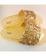 H2K CANDY Gold Color Glitter Beads Fashion Slides Flip Flops Sandals Bling  - $29.00