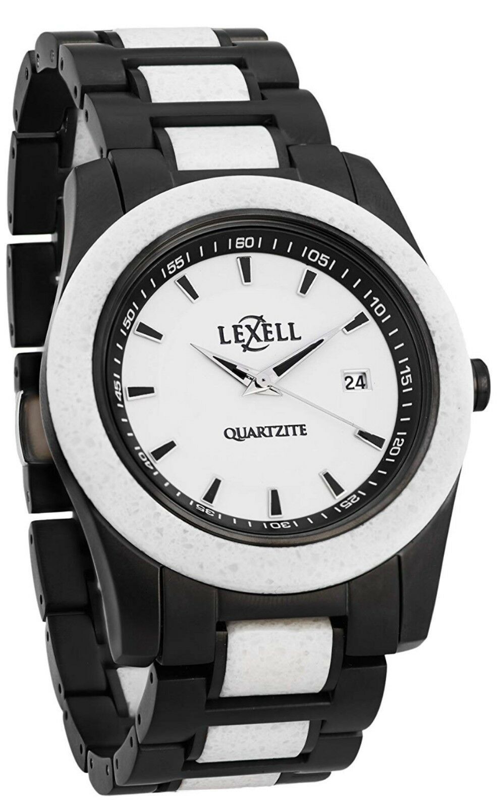 Lexell Genuine White Quartzite Mens Stone Watch with Black Stainless