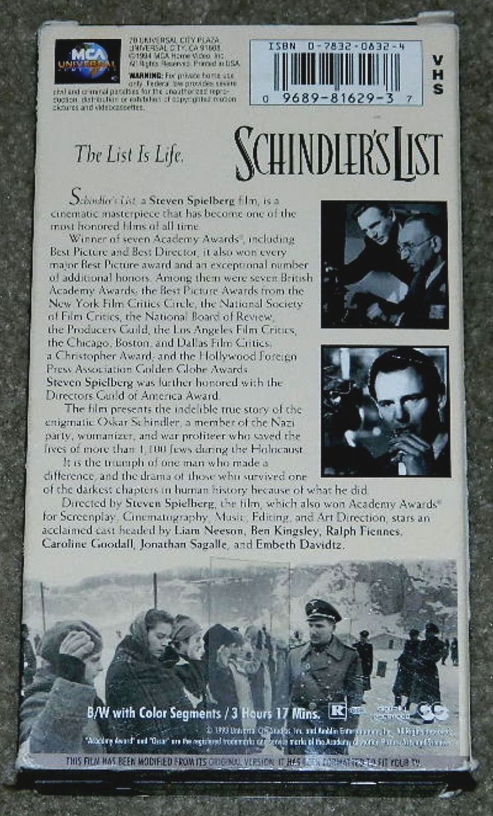 Schindler's List VHS Liam Neeson Ben Kingsley Ralph Fiennes VHS Tapes