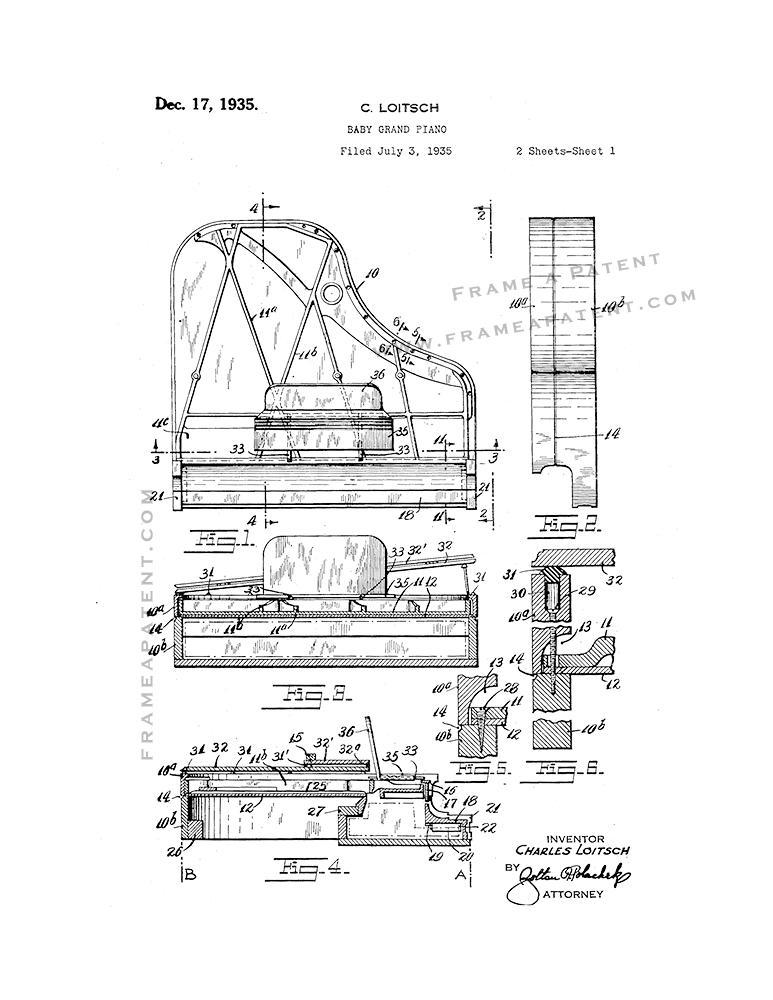 Baby Grand Piano Patent Print - White