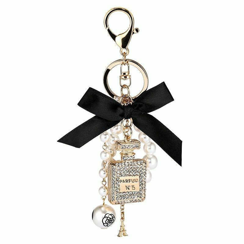 Imitation Pearl Perfume Bottle Car Key Ring Holder Bag Charm Pendant Accessories