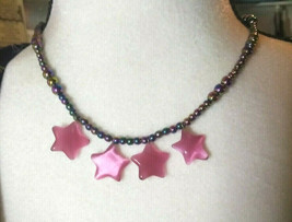 Necklace with Pink Star Cats Eye Pendants Rainbow Hematite Beads Gift Ideal - $36.00