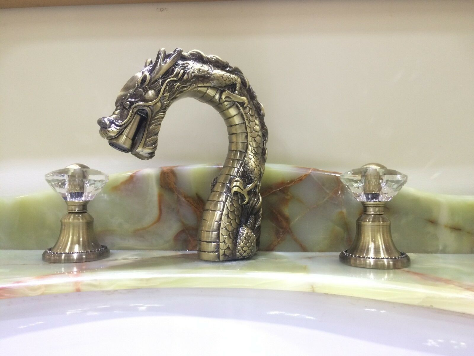 Antique brass 8" widespread bathroom dragon lav sink Faucet crystal