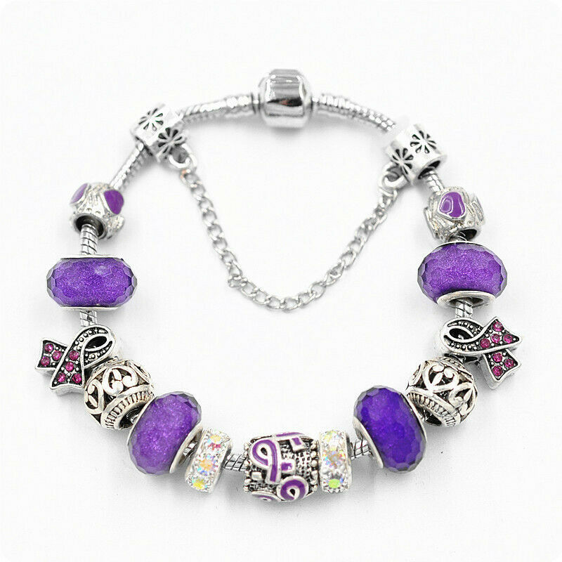 Bella Perlina Charm Bracelet with Purple Sparkly Beads White Silver Charms
