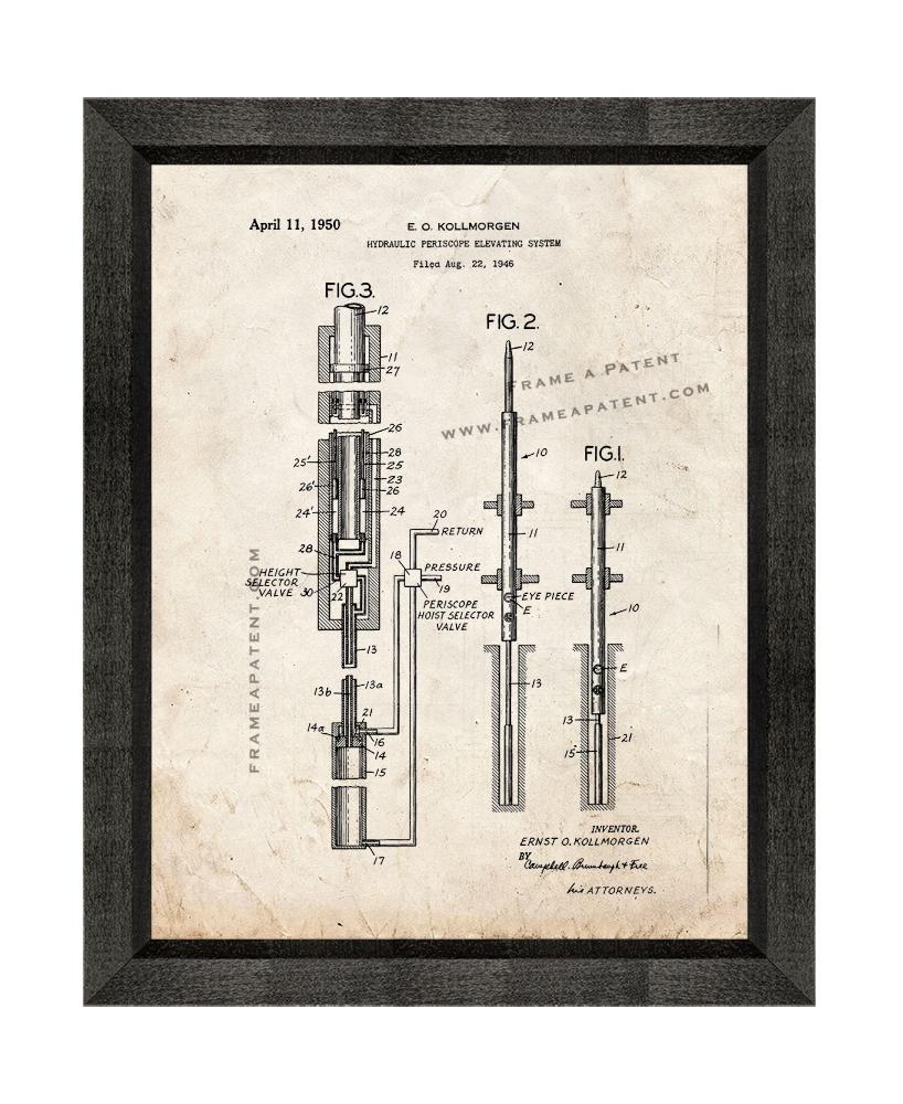 Hydraulic Periscope Elevating System Patent Print Old Look with Beveled Wood Fra