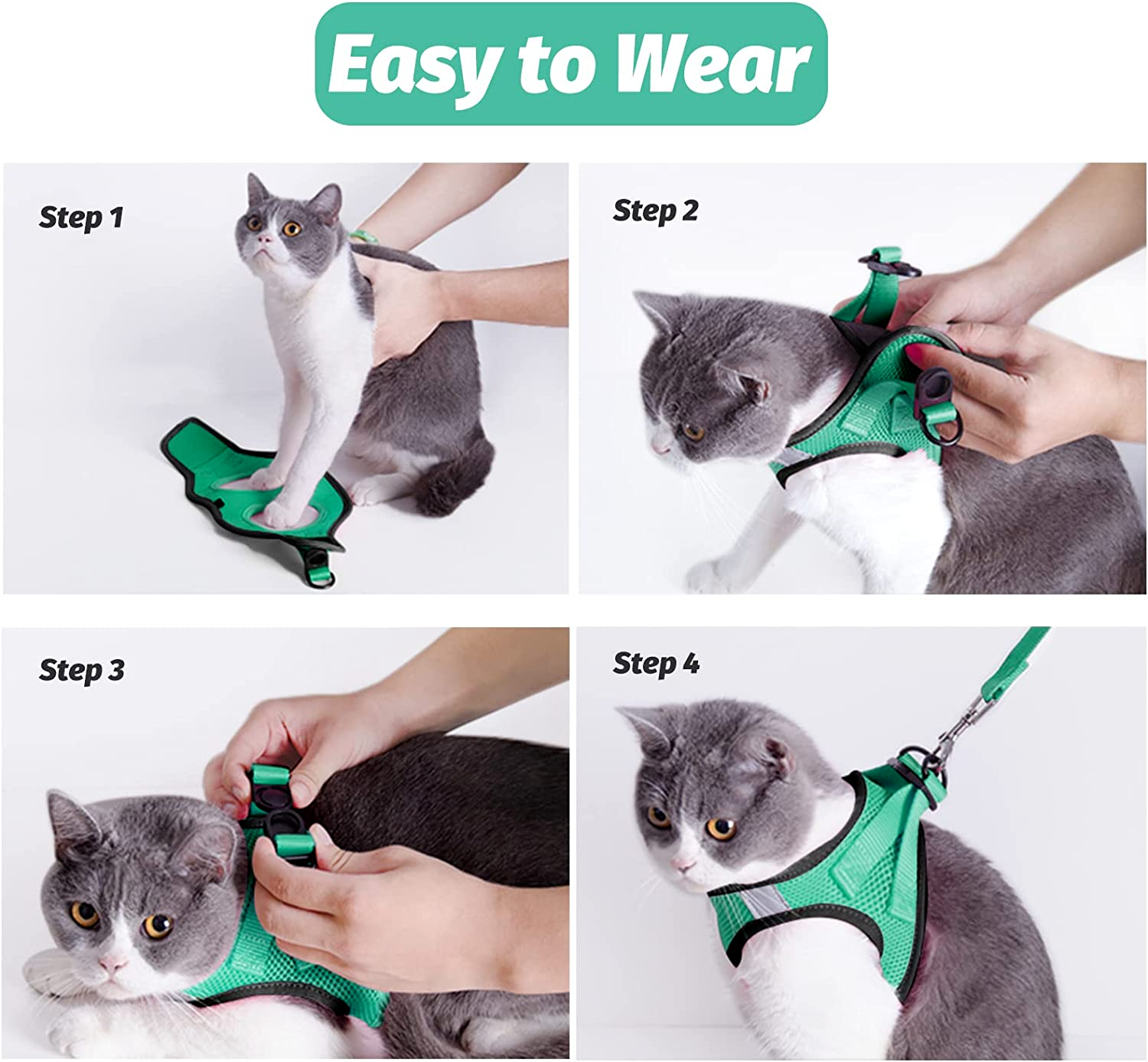 Whisker City Comfort Small Reflective Green Cat Harness 13''-16