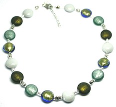 NECKLACE WHITE GREEN BLUE ROUNDED MURANO GLASS DISC, 45cm 18", MADE IN ITALY image 1