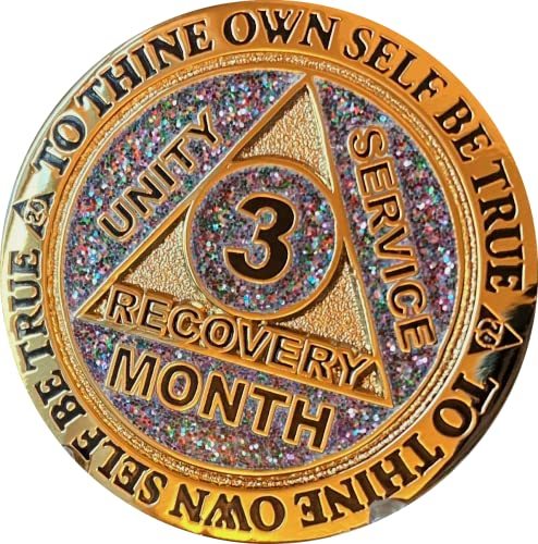 3 Month AA Medallion Reflex Funfetti Birthday Glitter Gold 90 Day Sobriety Chip