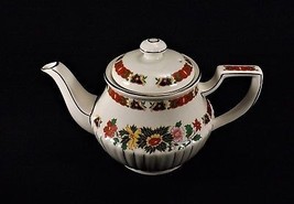 Vintage Sadler Teapot England Ribbed Gold Floral Rust Orange Green Yello... - $44.95