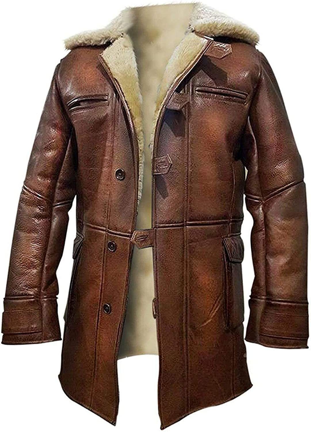 Prime-jackets/stacy Adams - Bane dark knight rises cosplay costume brown leather fur shearling trench coat