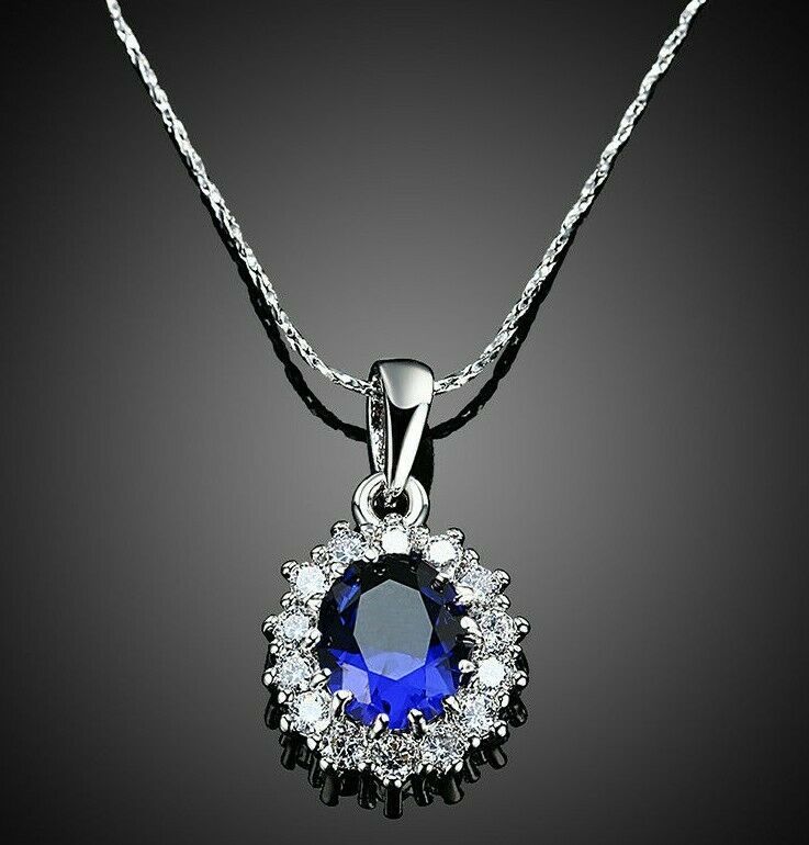 5 CT Blue Sapphire Gemstone Pendant Necklace in 18K White Gold 18 Inches ITAL