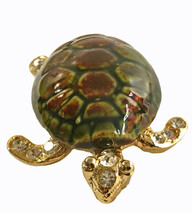 Vintage Gold tone Metal Ceramic Rhinestone Turtle Brooch Pin Unsigned - $8.72