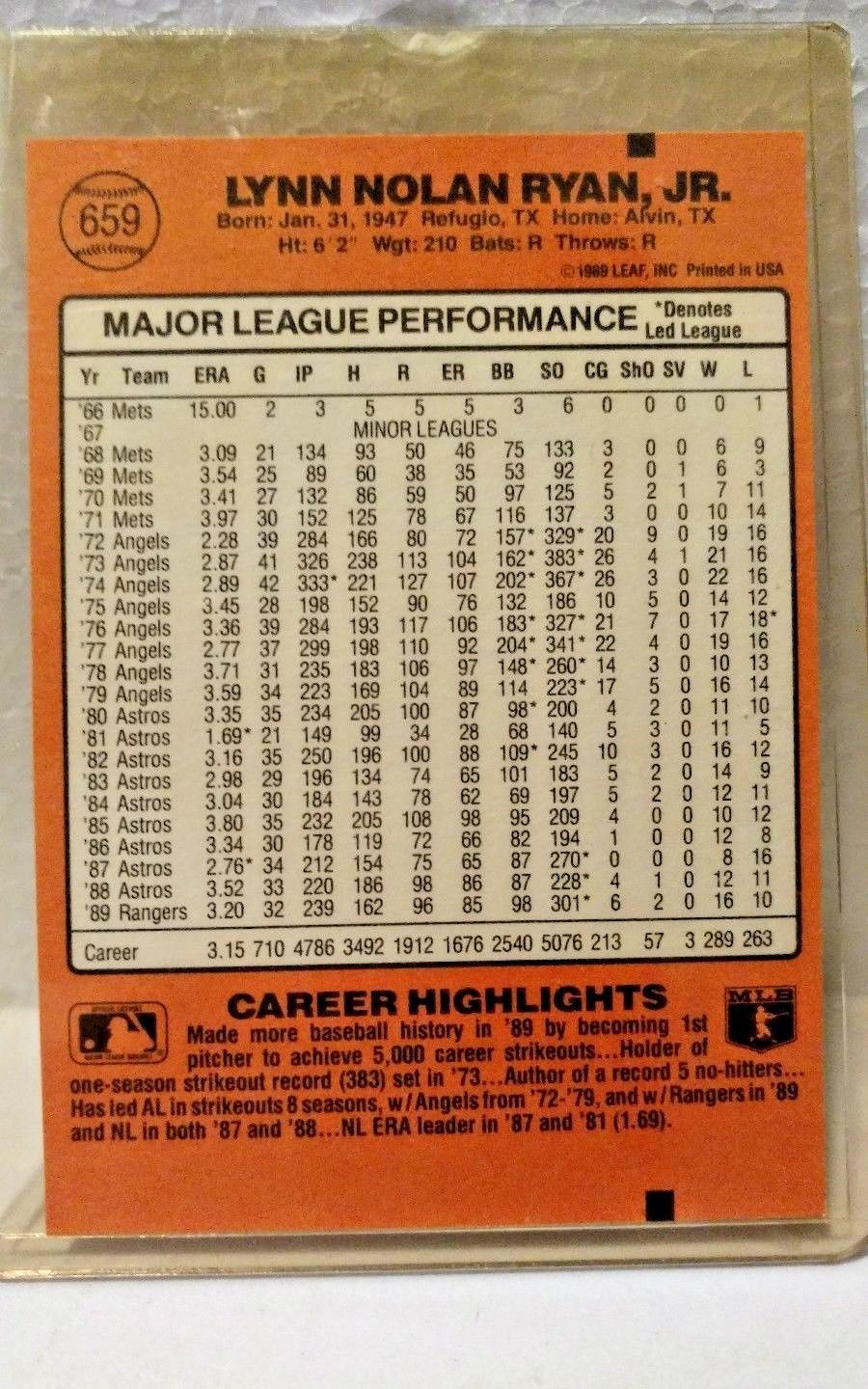 1990 DONRUSS Nolan Ryan TEXAS RANGERS Card #665 Baseball Card ERROR ...