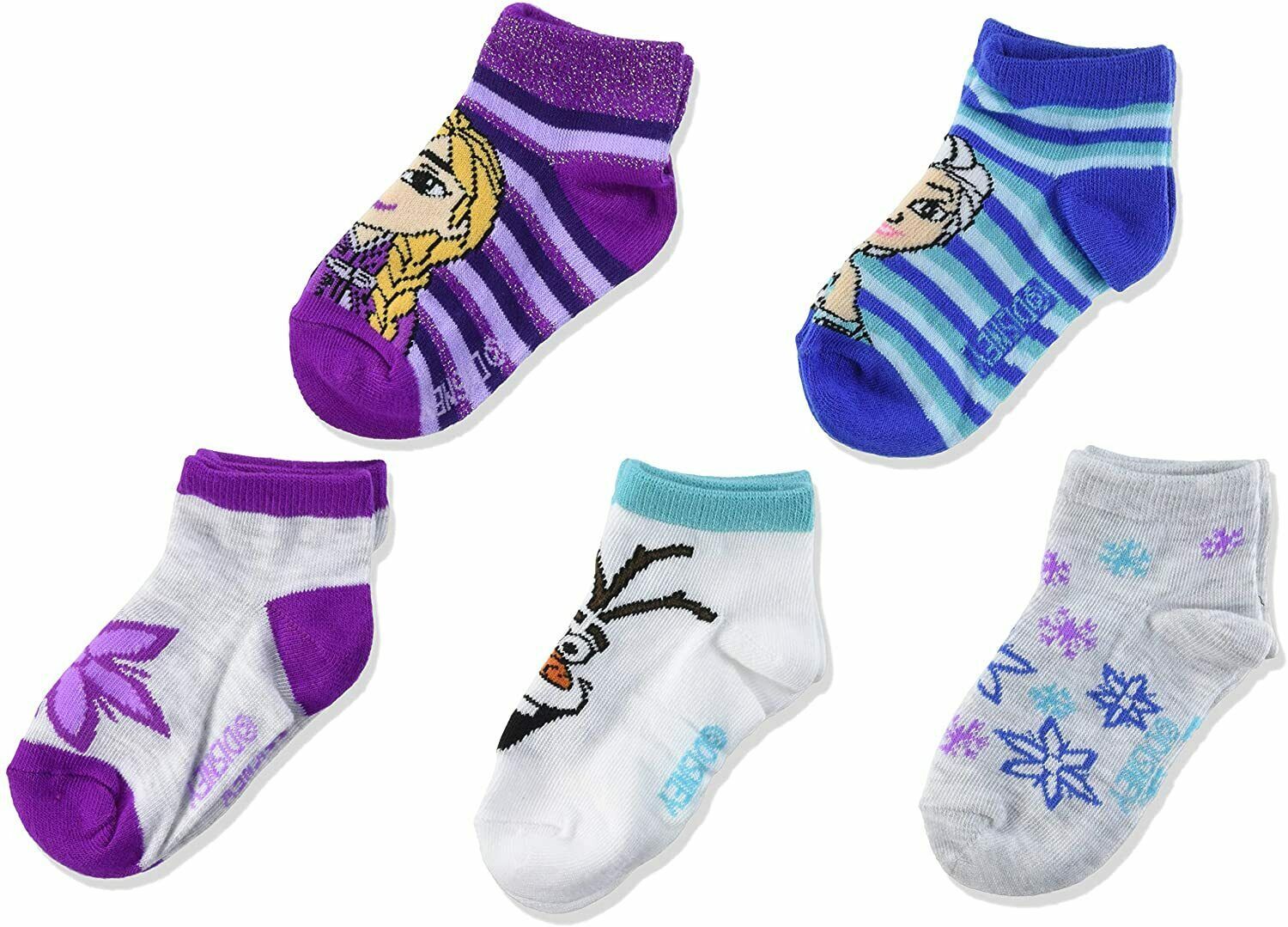DISNEY FROZEN ANNA ELSA OLAF 5-Pack Low Cut Socks Girls Ages 1-3 (Shoe Size 4-8)