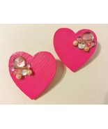 Pink Wood Earrings Handmade Heart Rhinestone Beads Sparkle Post Pierced ... - $28.00
