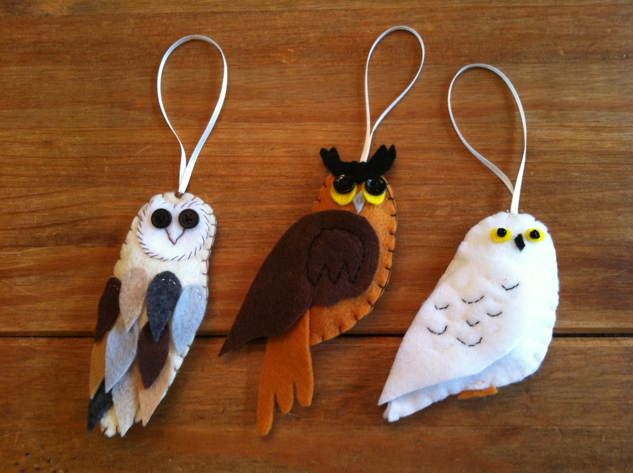 Handmade Stitched Felt OWL Christmas Ornaments x3 Birds