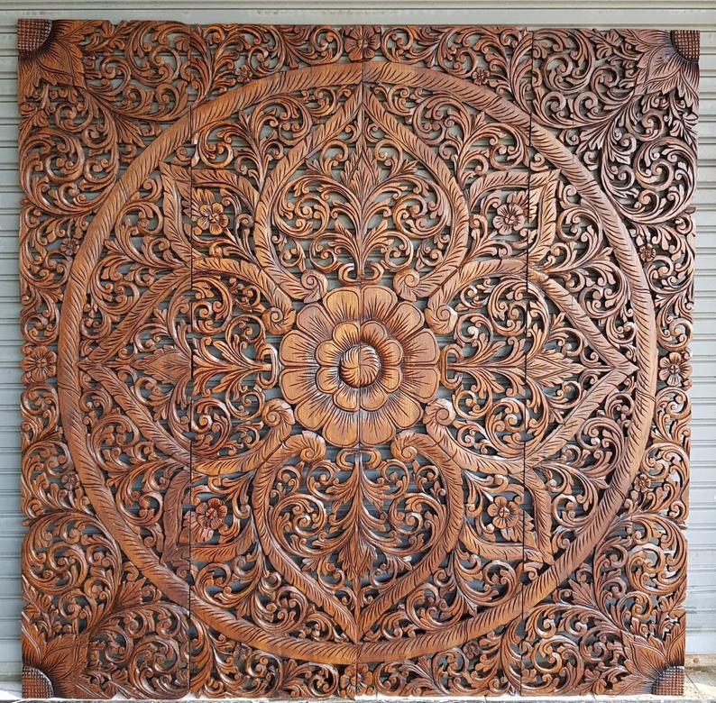 72" White Carved King Headboard Bohemian Mandala Teak Wood Carved Panel ...