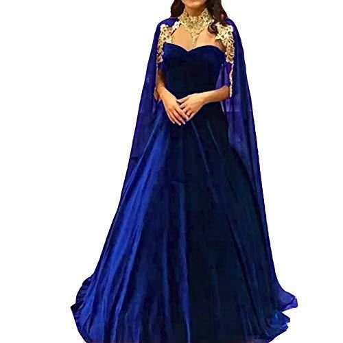 Long Velvet Formal Prom Dress Evening Gown with Gold Lace Cape Royal Blue US 10
