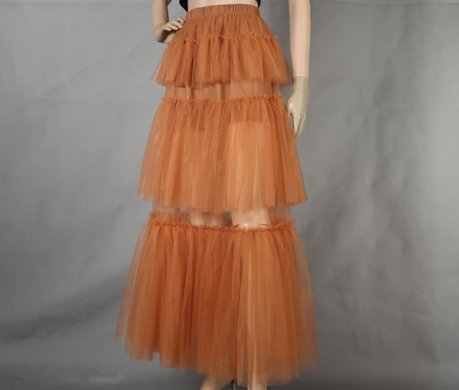 Dressromantic - Rust tiered tulle skirt outfit high waisted layered long tulle skirt plus