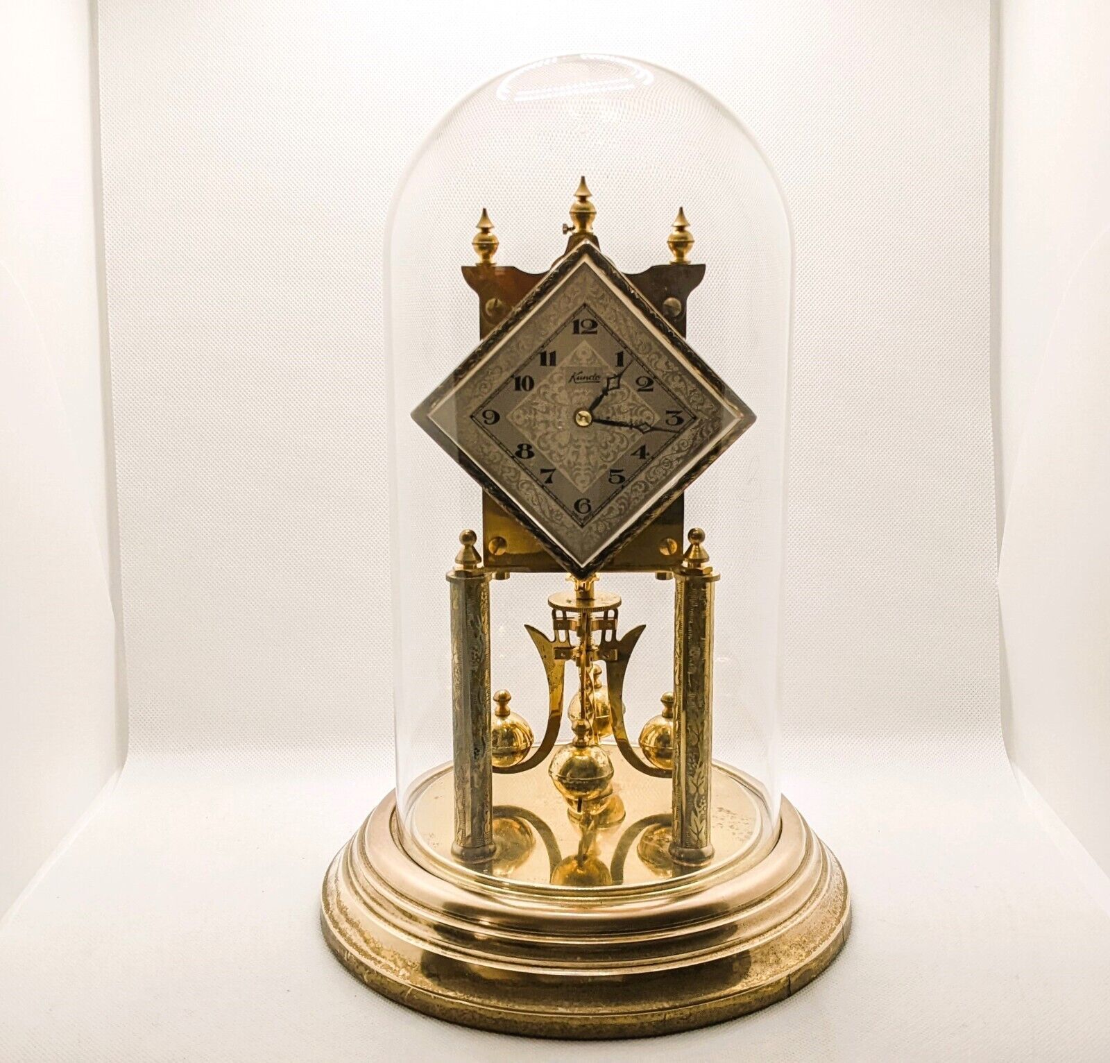 1950s Kundo Anniversary Clock Germany Diamond Face Glass Dome Brass Mid