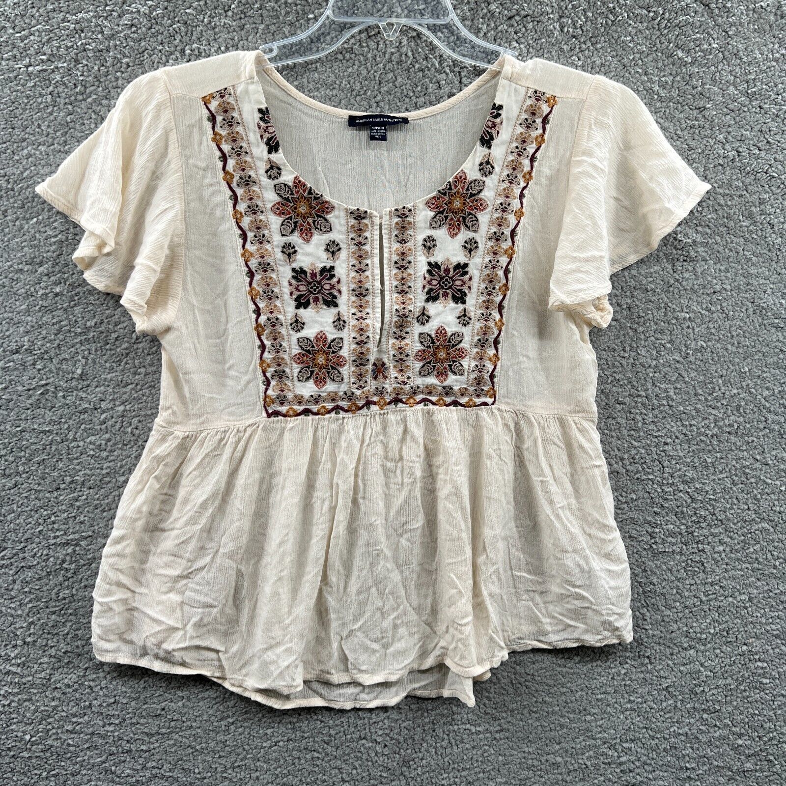 Primary image for American Eagle Womens Shirt Small Tan Short Sleeve Floral Geometric BOHO AEO 