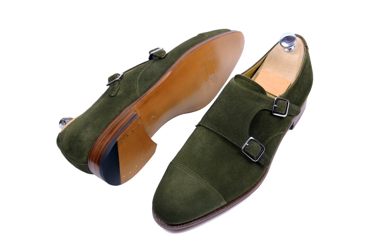 Green Monk Double Buckle Cap Toe Natural Color Sole Genuine Suede Leather Shoes