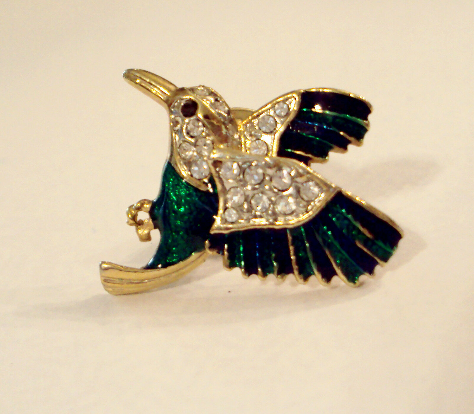 Rhinestone Hummingbird Scatter Pin Green Enamel Gold Plated Lapel Brooch ✿ VTG  - $19.76