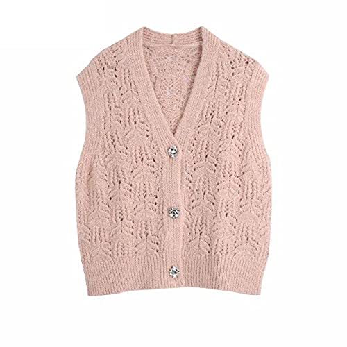V Neck Hollow Out Crochet Knitting Sweater Ladies Sleeveless Diamond Button Vest