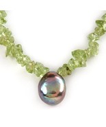 PERIDOT NECKLACE WITH GENUINE TAHITIAN BLACK PEARL - $68.00