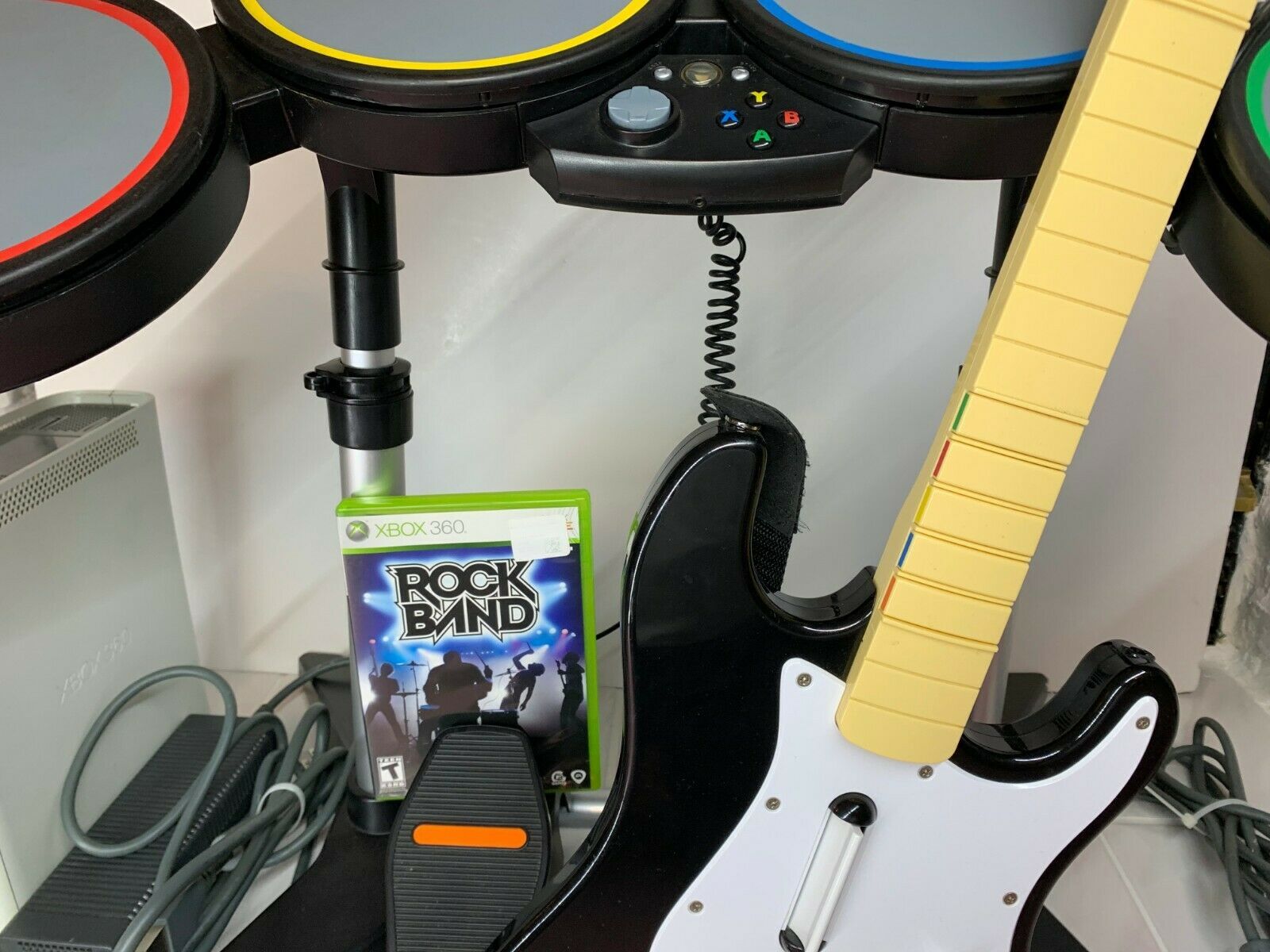 Xbox 360 Rock Band Bundle Wired Drum Set Stratocaster Guitar Hero MIC Game Lot Systems