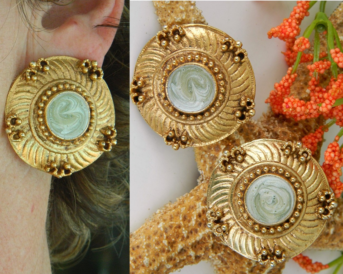 Vintage Mint Green Enamel Gold Tone Earrings Signed Pisces Pierced