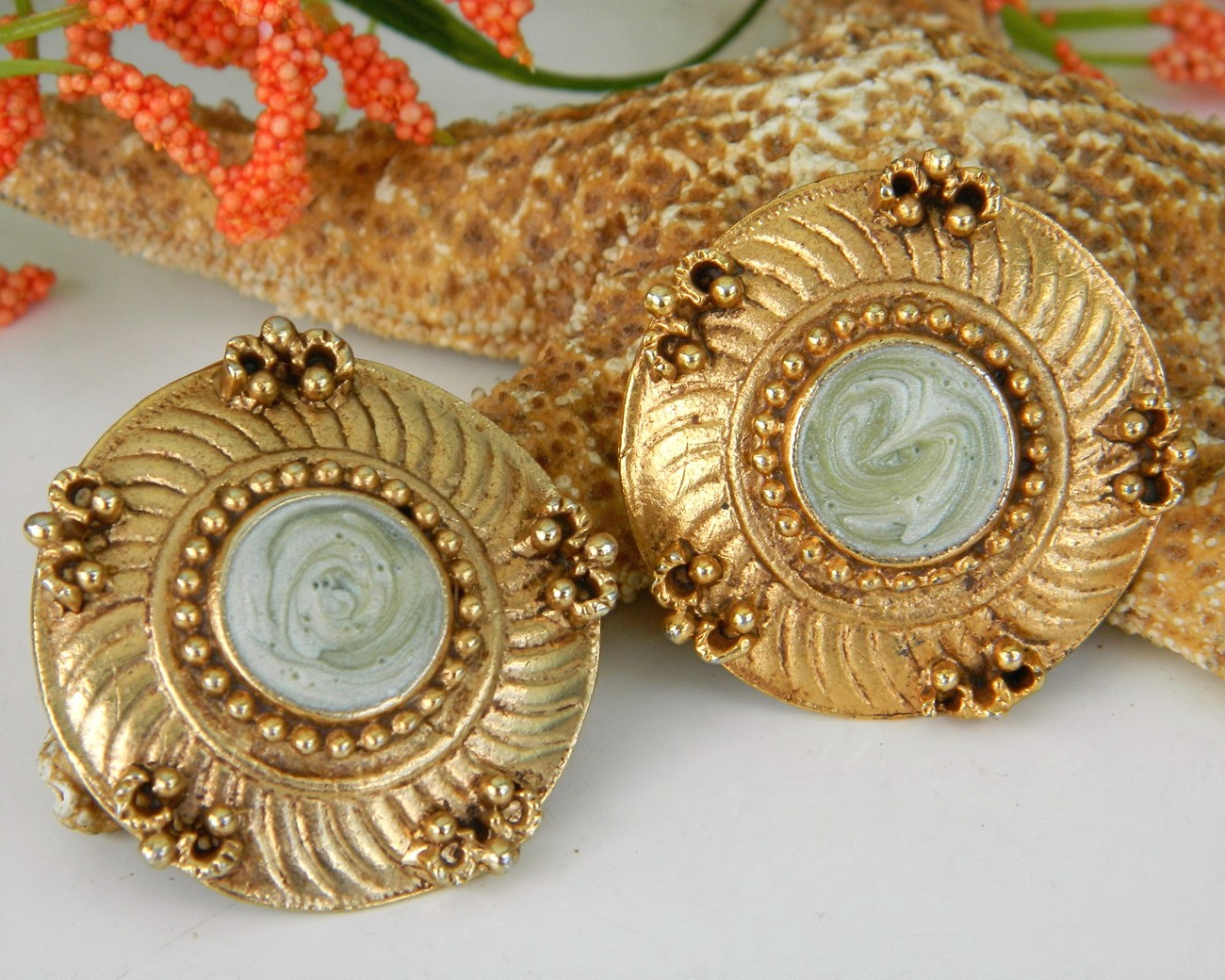 Vintage Mint Green Enamel Gold Tone Earrings Signed Pisces Earrings