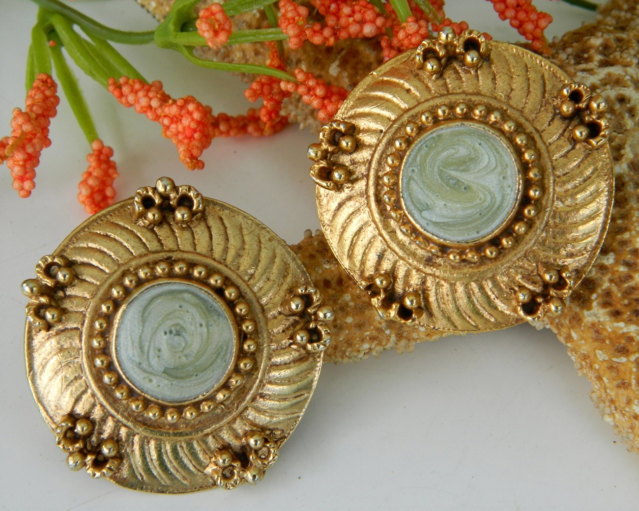 Vintage Mint Green Enamel Gold Tone Earrings Signed Pisces Vintage