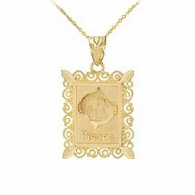 14k Solid Gold Pisces Zodiac Sign Filigree Rectangular Pendant Necklace - $213.72+