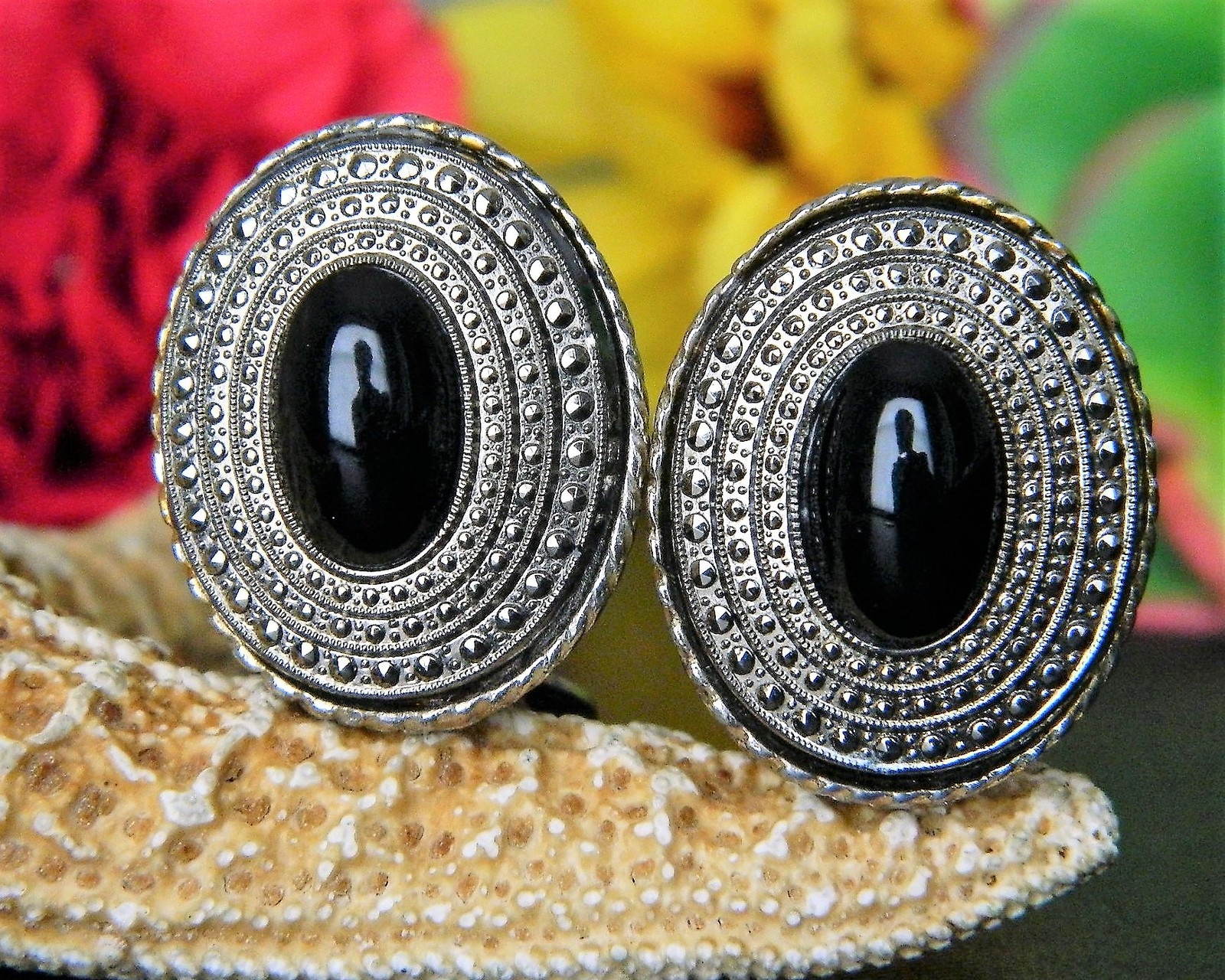 Primary image for Vintage Faux Marcasite Clip On Earrings Oval Black Stone Silver Metal