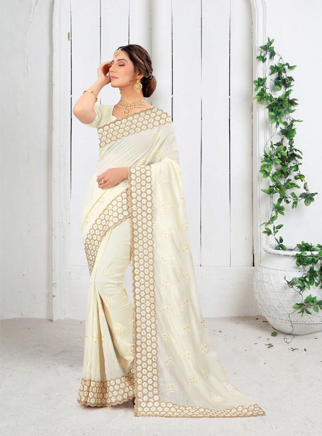 Designer OffWhite Resham Embroidery Stone Border Work Sari Silk Party Wear Saree