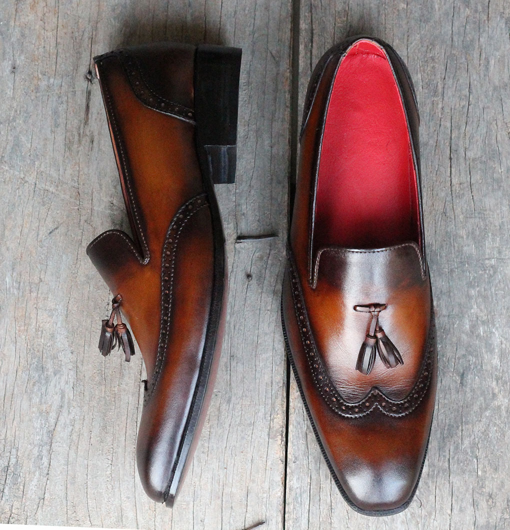 Handmade Men Cognac WingTip Leather Tassel Loafer Shoes, Men Designer Dress Shoe