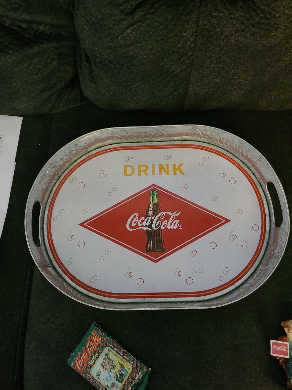 COCA-COLA OVAL GALVANIZED SERVING TRAY WITH HANDLES - $23.00